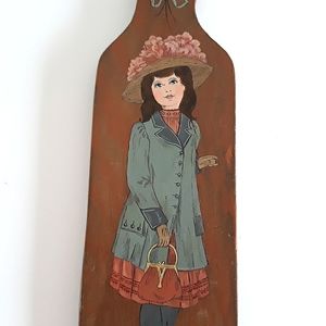 Artist Signed Handpainted Lady Wood Paddle Wall Decor Vintage
